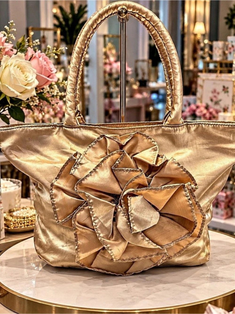Satin Floral Appliqué Gold Tote Bag